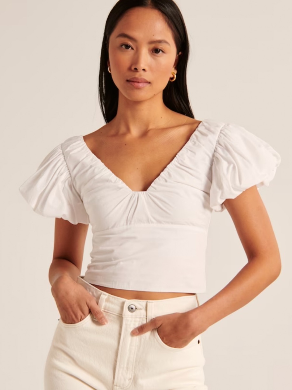 Abercrombie & Fitch White Puff Sleeve V-Neck Crop Top